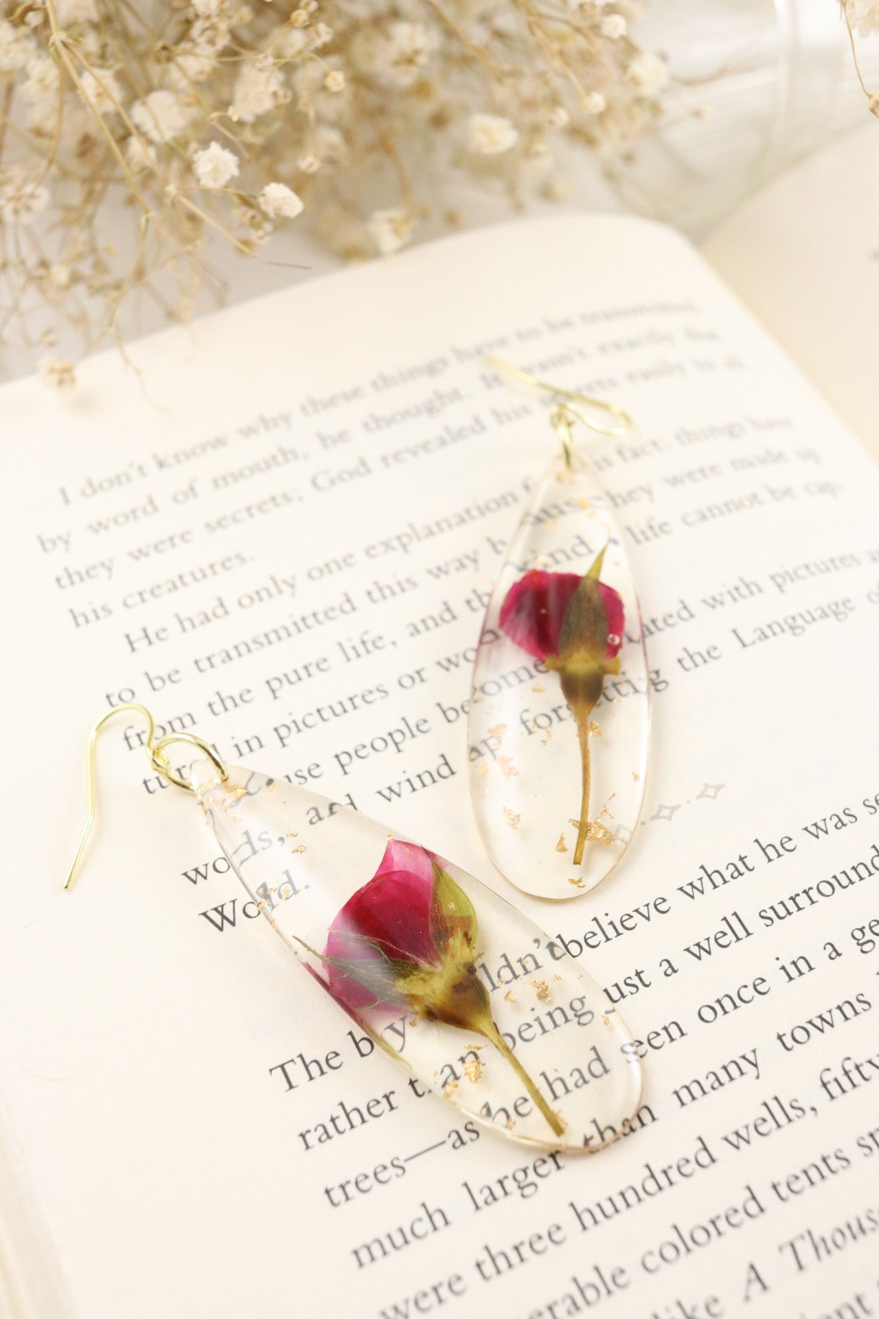 Red Rose Pressed Wildflower Teardrop Rain Earrings, Botanical Nature Jewelry, Perfect Christmas Gift For Her
