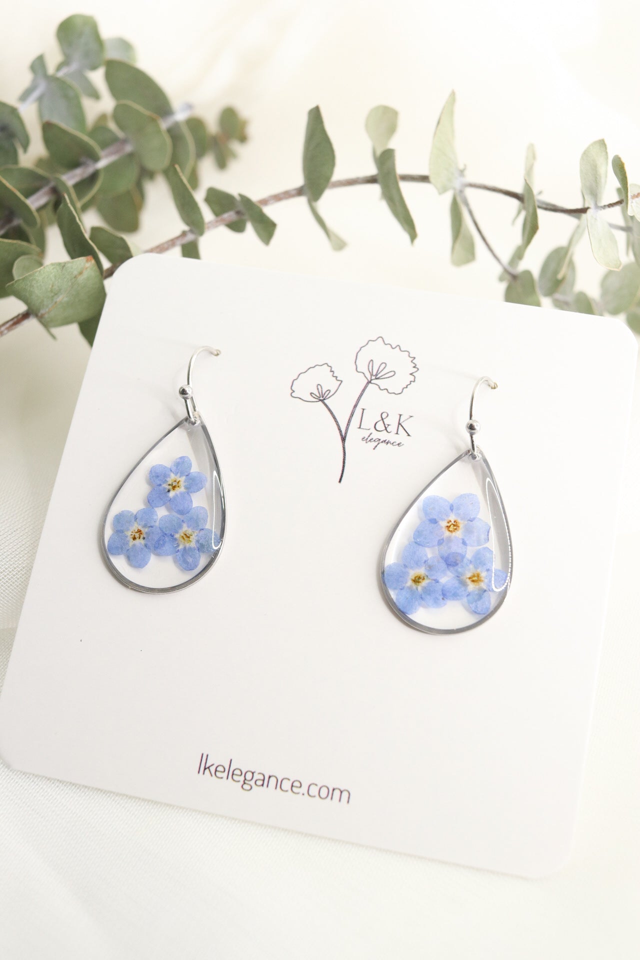 Forget Me Not Wildflower Small Teardrop Resin Earrings, Pressed Dried Natural Flowers, Botanical Nature Jewelry Gift For Her