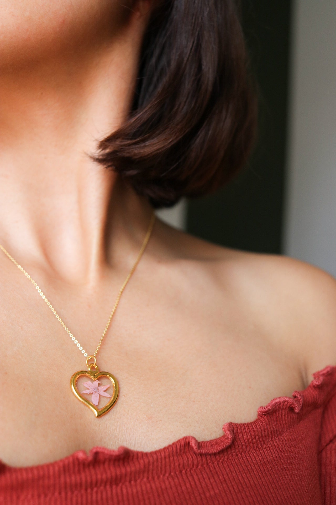 Pink Pressed Flower Resin Necklace, Real Dried Wildflower Heart Pendant, Botanical Nature Jewelry Gift For Women