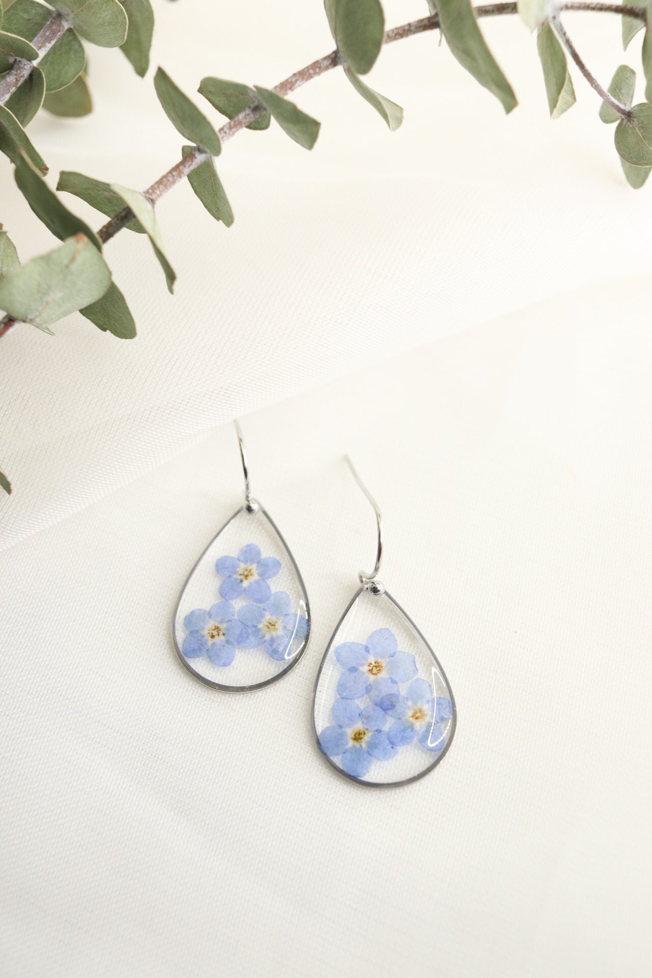 Forget Me Not Wildflower Small Teardrop Resin Earrings, Pressed Dried Natural Flowers, Botanical Nature Jewelry Gift For Her