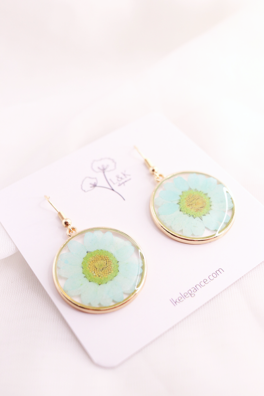 Turquoise Daisy Pressed Wildflower Earrings, Botanical Circle Resin Dangle Earrings, Gift For Her