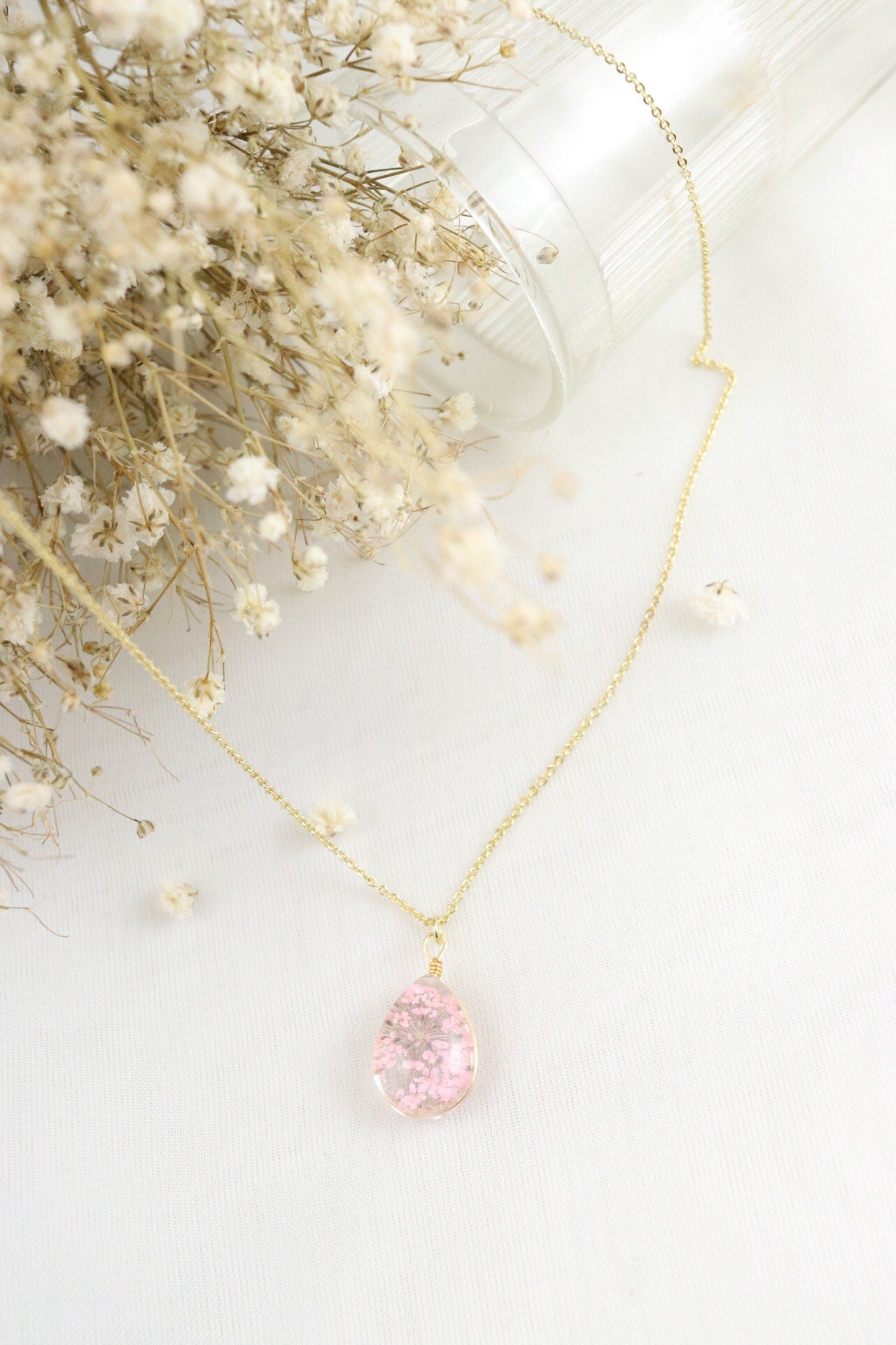 Teardrop Resin Necklace | Real Pink Queen Anne's Lace Flower