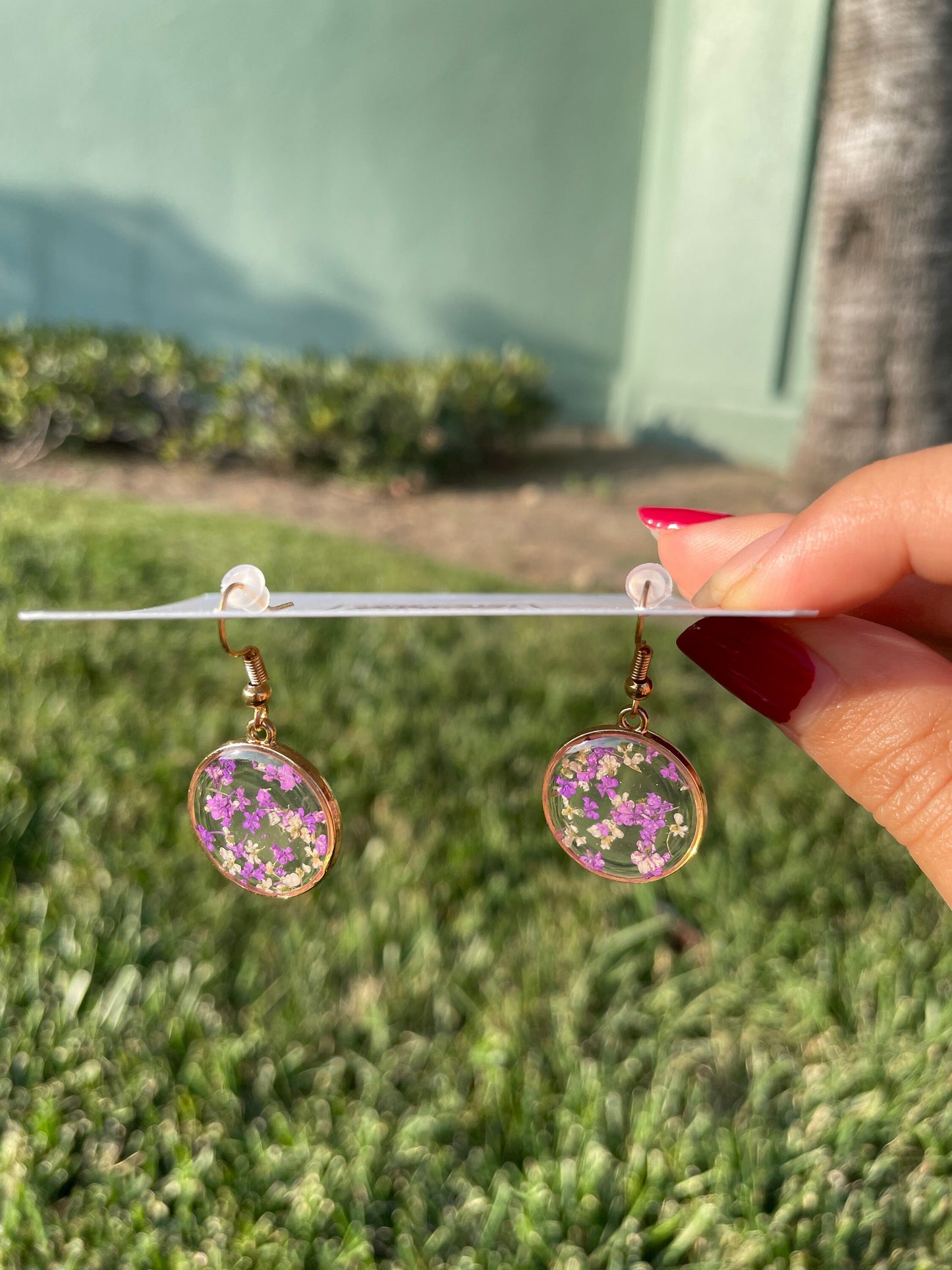 Handmade Gold Round Earrings | Queen Anne's Lace Floral Resin Jewelry