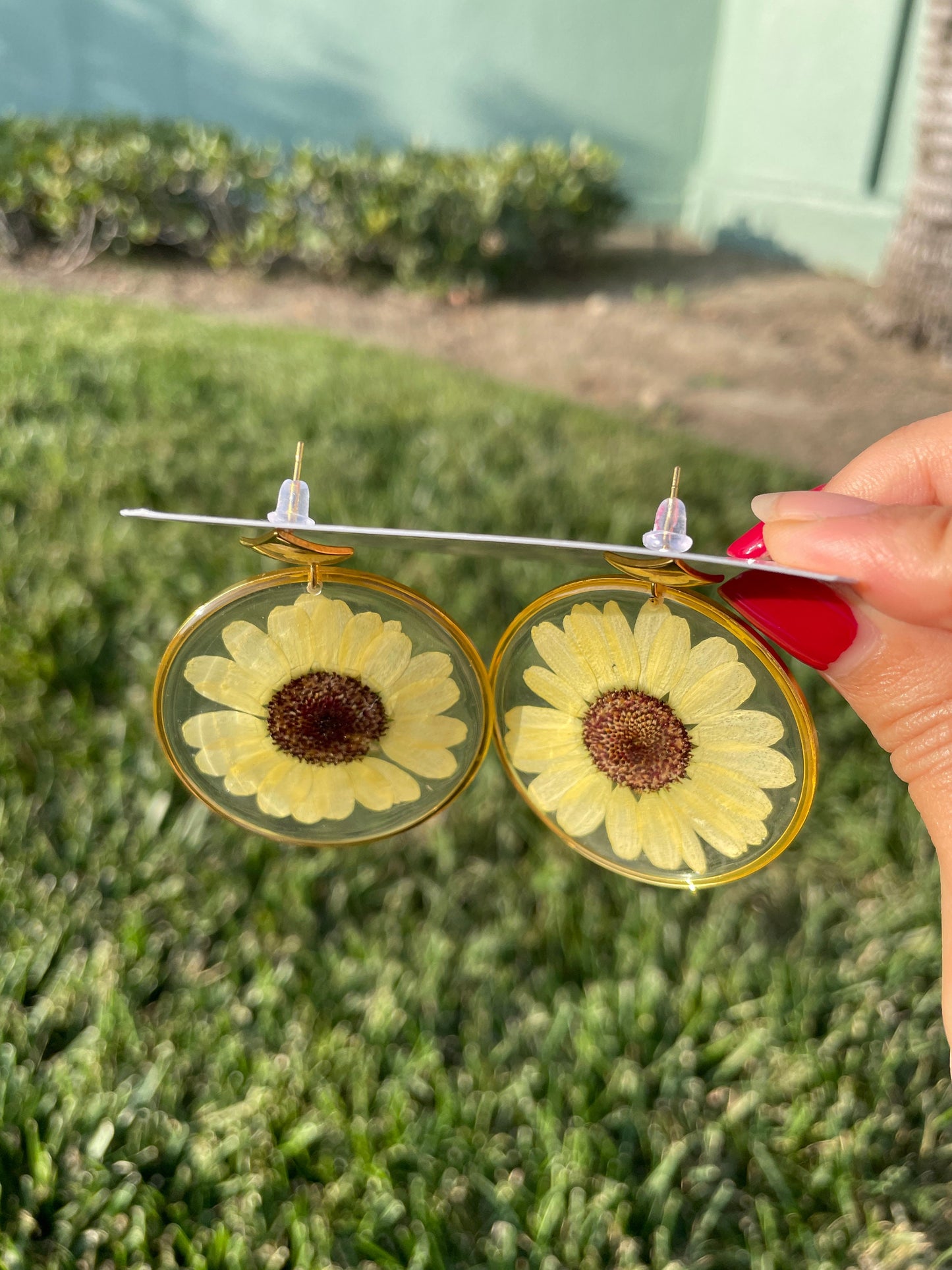 Handmade Gold Frame Earrings with Real Pressed Sunflowers | Floral Resin Jewelry | Unique Sunflower Earrings