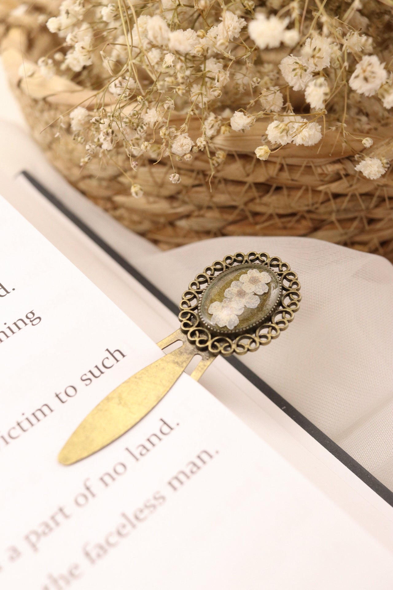 Vintage Bronze Bookmark Clip With White Flowers