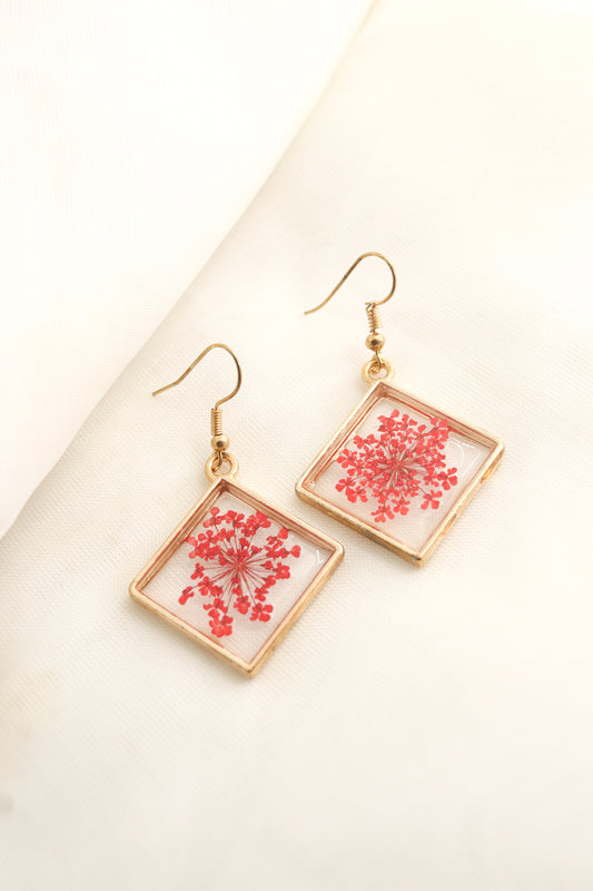 Red Pressed Wildflower Square Resin Earrings, Botanical Dried Flower Earrings, Christmas Gift For Her