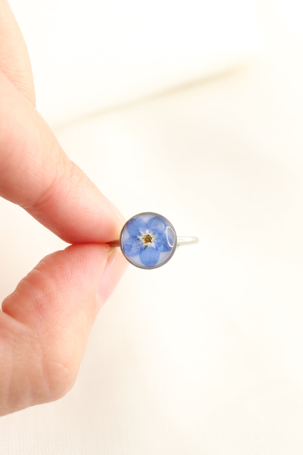 Forget Me Not Wildflower Resin Ring, Adjustable Blue Pressed Flower Silver Ring, Blue Blossom Botanical Ring Christmas Gift For Her Copy   Draft