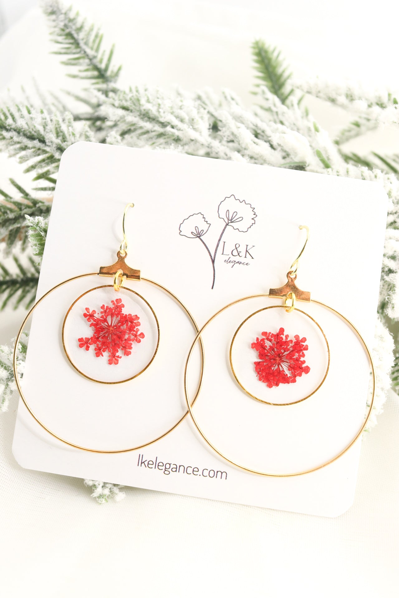 Pressed Red Wildflower Holiday Hoop Earrings,  Botanical Dried Flower Gold Resin Earrings, Festive Gift For Her