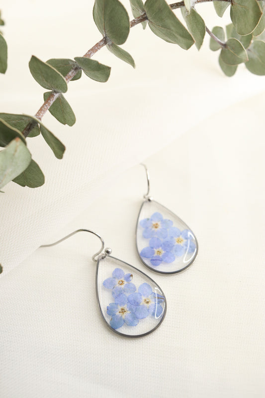 Forget Me Not Wildflower Small Teardrop Resin Earrings, Pressed Dried Natural Flowers, Botanical Nature Jewelry Gift For Her