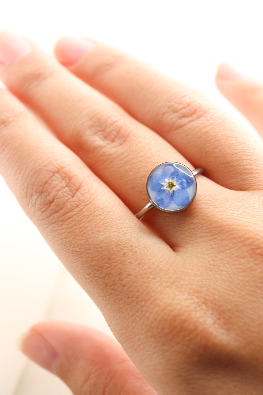 Forget Me Not Wildflower Resin Ring, Adjustable Blue Pressed Flower Silver Ring, Blue Blossom Botanical Ring Christmas Gift For Her Copy   Draft