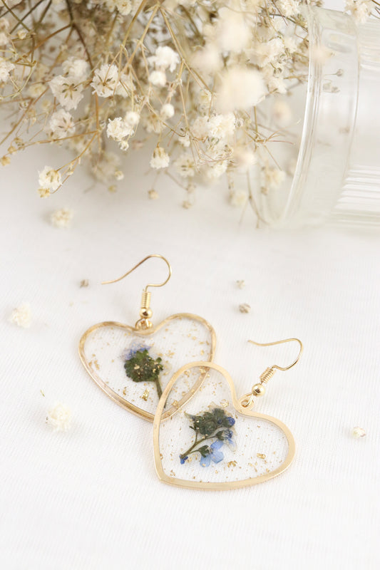 Forget Me Not Wildflower Heart Resin Earrings, Pressed Dried Natural Flowers, Botanical Nature Jewelry Gift For Her