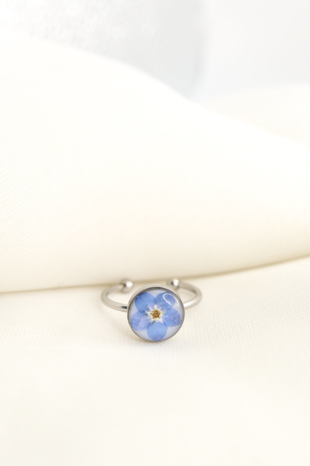 Forget Me Not Wildflower Resin Ring, Adjustable Blue Pressed Flower Silver Ring, Blue Blossom Botanical Ring Christmas Gift For Her Copy   Draft