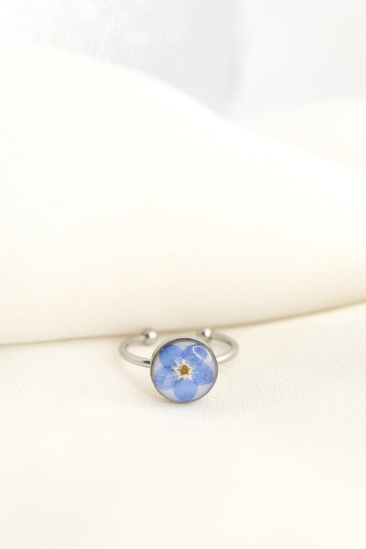 Forget Me Not Wildflower Resin Ring, Adjustable Blue Pressed Flower Silver Ring, Blue Blossom Botanical Ring Christmas Gift For Her Copy   Draft