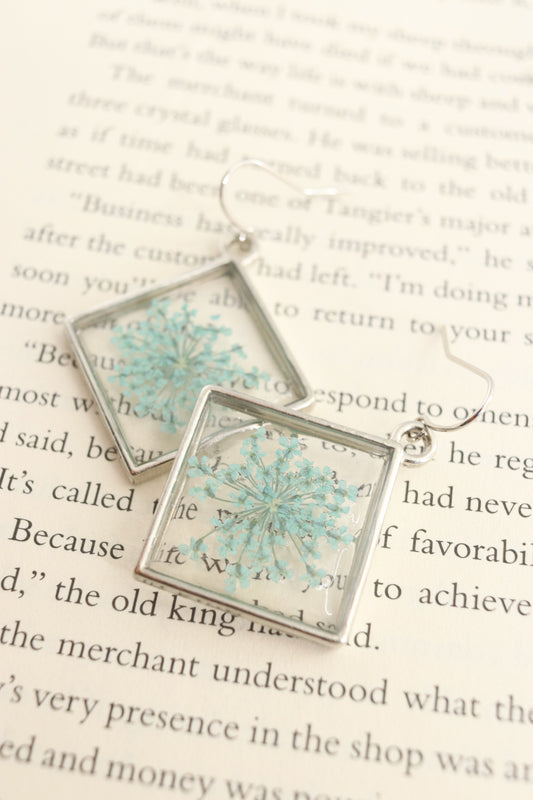 Turquoise Pressed Wildflower Square Resin Earrings, Botanical Dried Flower Earrings, Holiday Gift For Her