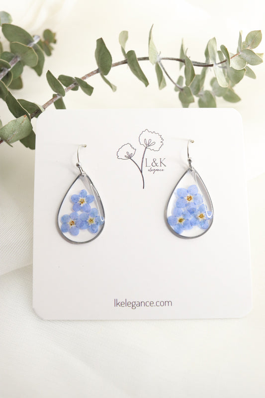 Forget Me Not Wildflower Small Teardrop Resin Earrings, Pressed Dried Natural Flowers, Botanical Nature Jewelry Gift For Her
