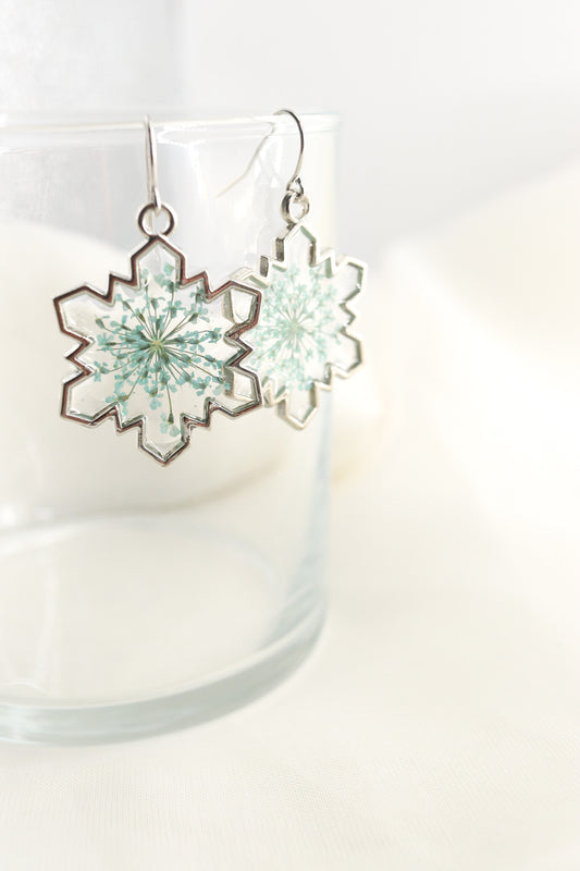 Snowflake Pressed Wildflower Resin Earrings, Silver and Blue Botanical Dried Flower Holiday Earrings, Gift For Her