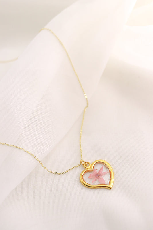 Pink Pressed Flower Resin Necklace, Real Dried Wildflower Heart Pendant, Botanical Nature Jewelry Gift For Women