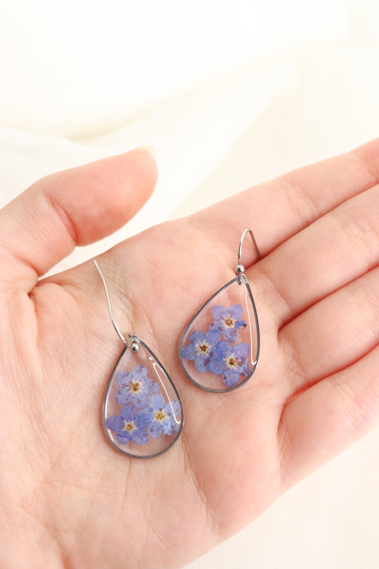 Forget Me Not Wildflower Small Teardrop Resin Earrings, Pressed Dried Natural Flowers, Botanical Nature Jewelry Gift For Her