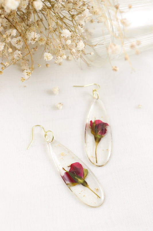 Red Rose Pressed Wildflower Teardrop Rain Earrings, Botanical Nature Jewelry, Perfect Christmas Gift For Her