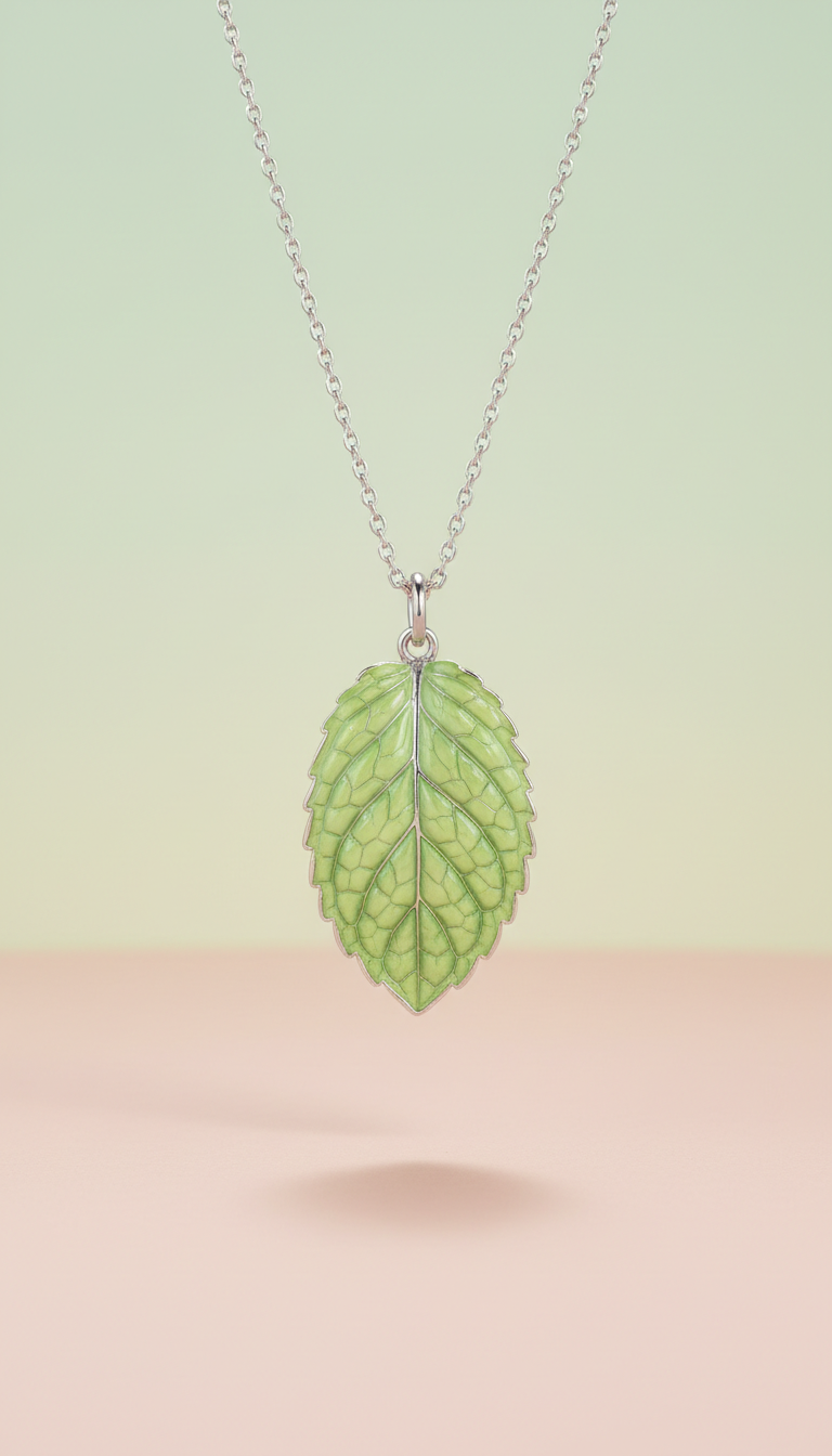 Mint Leaf Enamel Pendant Necklace