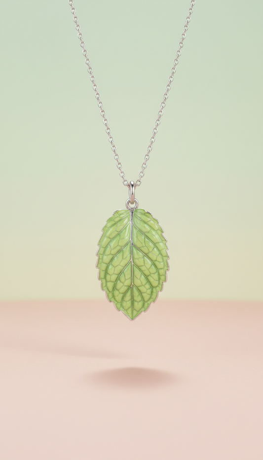 Mint Leaf Enamel Pendant Necklace