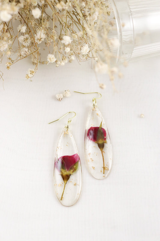 Red Rose Pressed Wildflower Teardrop Rain Earrings, Botanical Nature Jewelry, Perfect Christmas Gift For Her