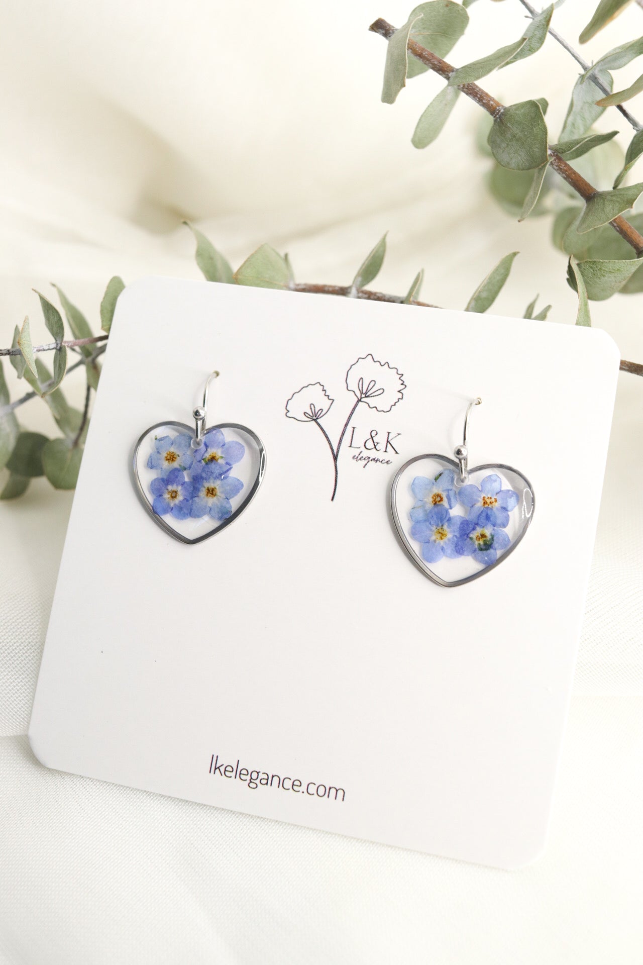 Forget Me Not Wildflower Small Heart Resin Earrings, Pressed Dried Natural Flowers, Botanical Nature Jewelry Gift For Her