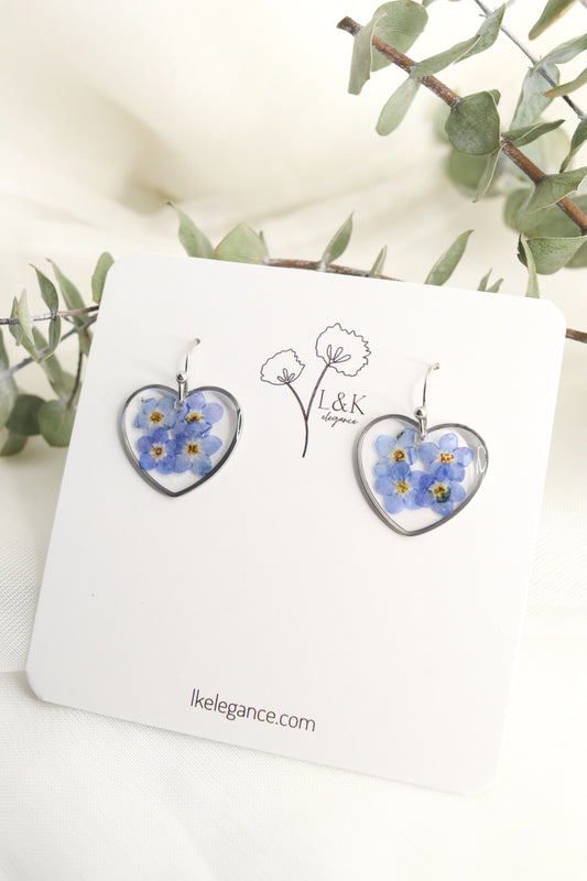 Forget Me Not Wildflower Small Heart Resin Earrings, Pressed Dried Natural Flowers, Botanical Nature Jewelry Gift For Her