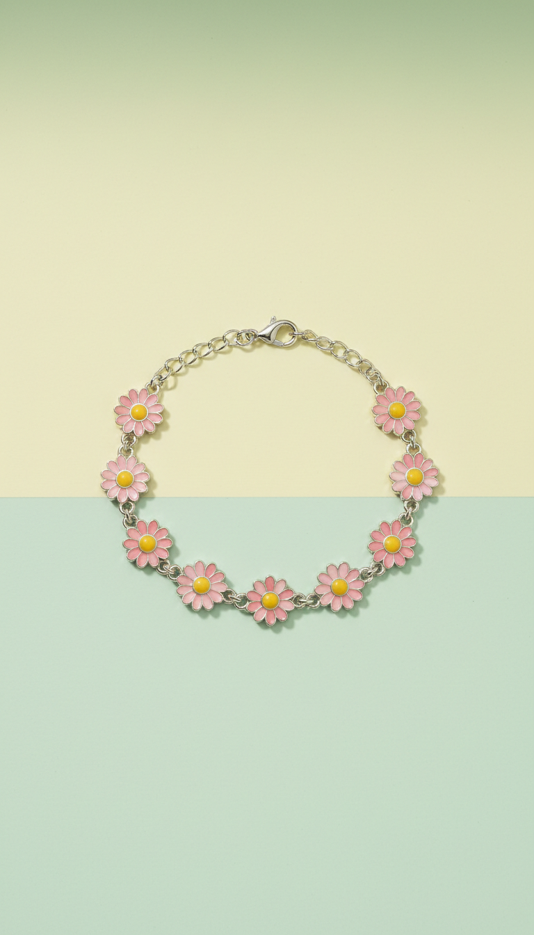 Rosy Pink Daisy Charm Bracelet
