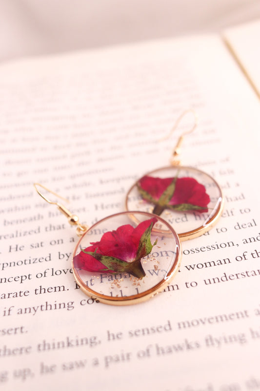 Pressed Red Rose Flower Earrings, Real Dried Wildflower Resin Earrings, Botanical Nature Jewelry, Perfect Christmas Gift For Her