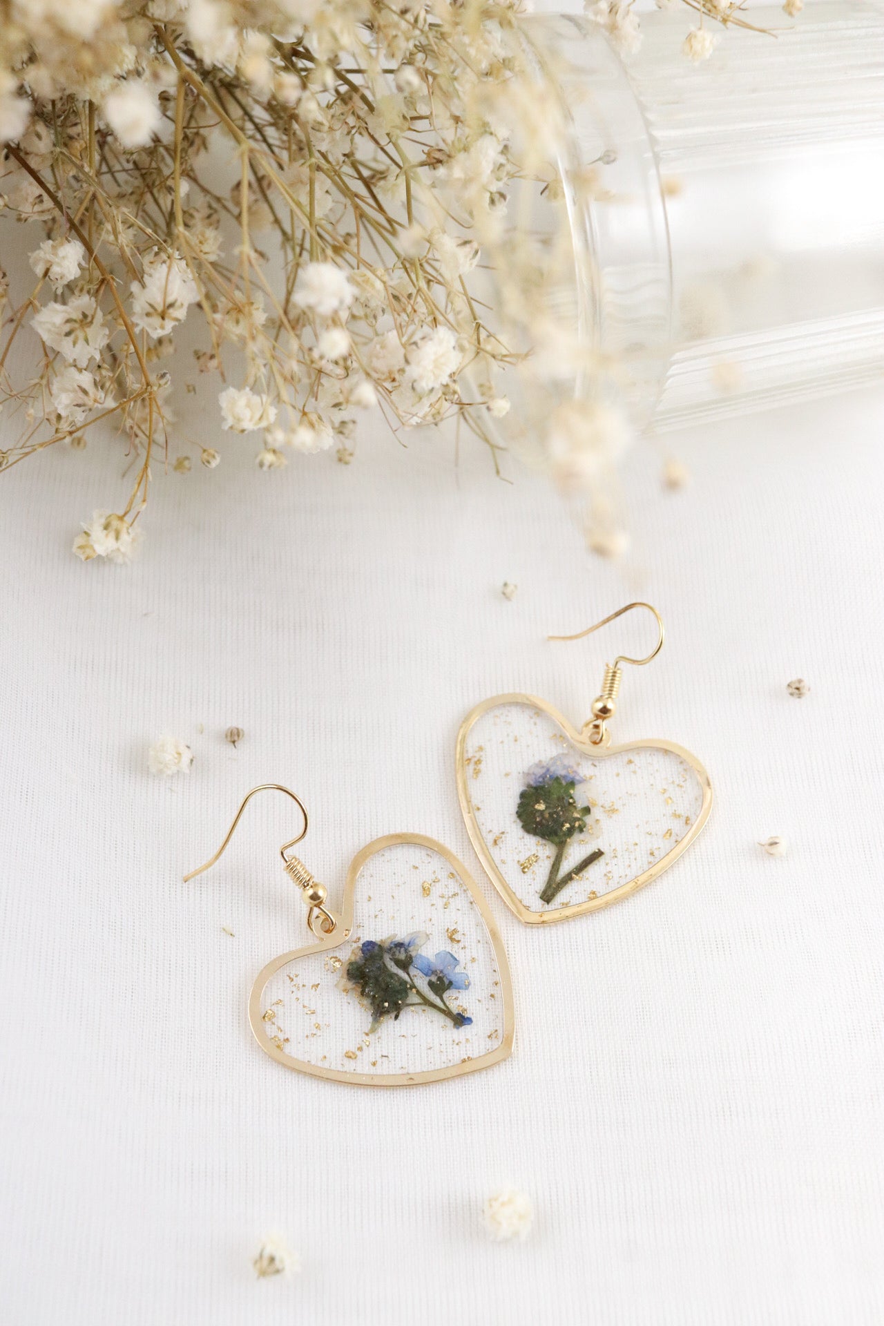 Forget Me Not Wildflower Heart Resin Earrings, Pressed Dried Natural Flowers, Botanical Nature Jewelry Gift For Her