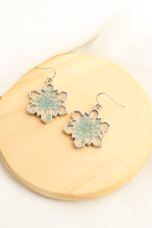 Snowflake Pressed Wildflower Resin Earrings, Silver and Blue Botanical Dried Flower Holiday Earrings, Gift For Her