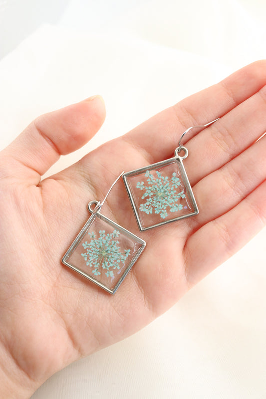 Turquoise Pressed Wildflower Square Resin Earrings, Botanical Dried Flower Earrings, Holiday Gift For Her