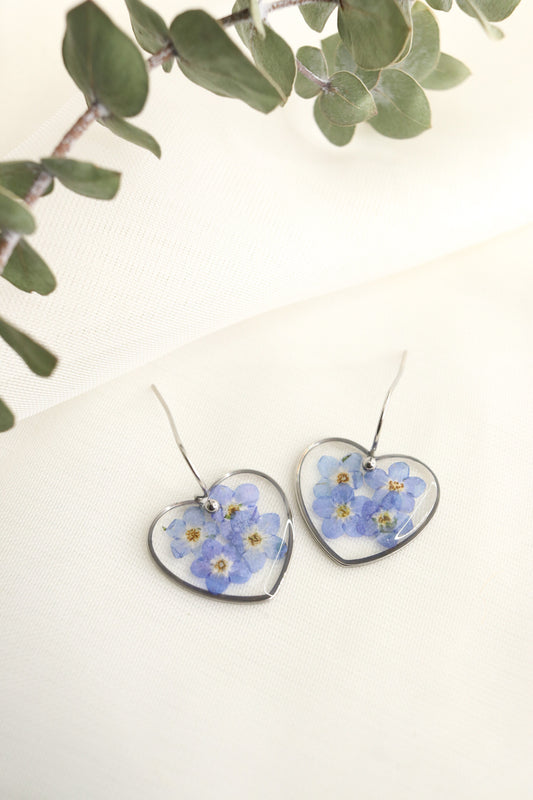 Forget Me Not Wildflower Small Heart Resin Earrings, Pressed Dried Natural Flowers, Botanical Nature Jewelry Gift For Her