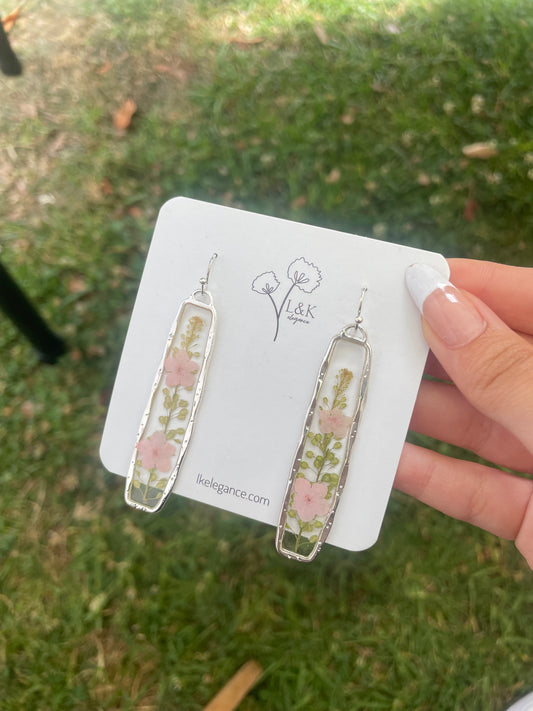 Pink Flower and Green Leaf Silver earrings