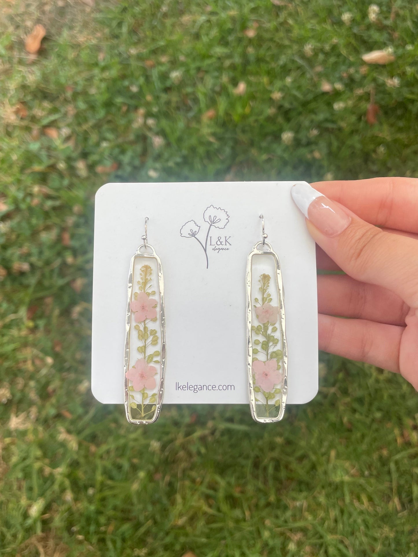 Pink Flower and Green Leaf Silver earrings