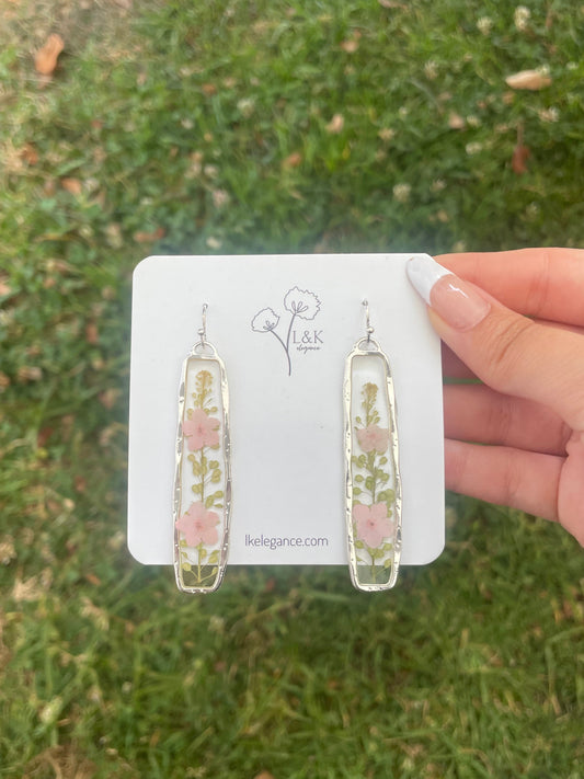 Pink Flower and Green Leaf Silver earrings