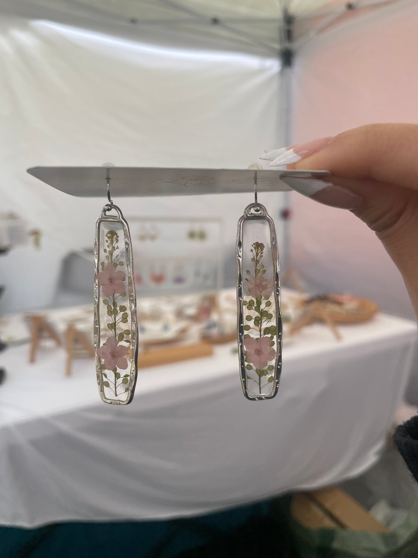 Pink Flower and Green Leaf Silver earrings