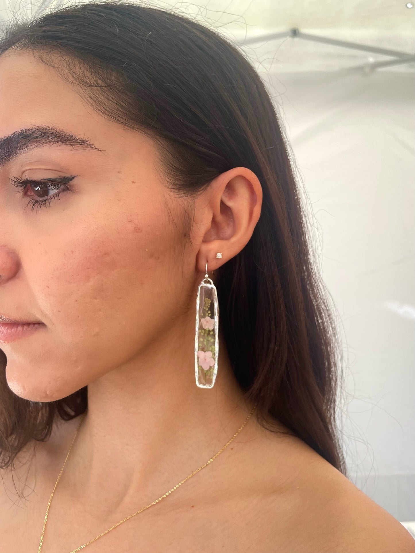 Pink Flower and Green Leaf Silver earrings