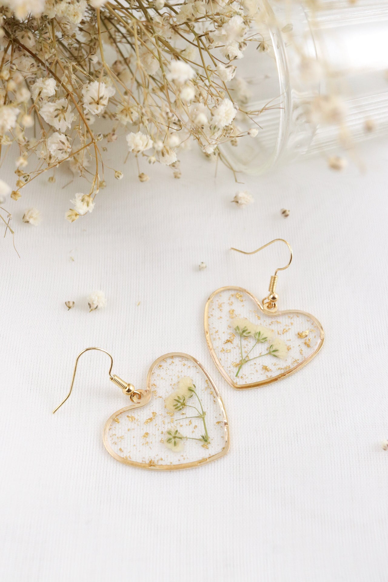 Baby's Breath Wildflower Heart Earrings, Real Pressed Flower Resin Earrings, Botanical Nature Jewelry, Holiday Gift For Her