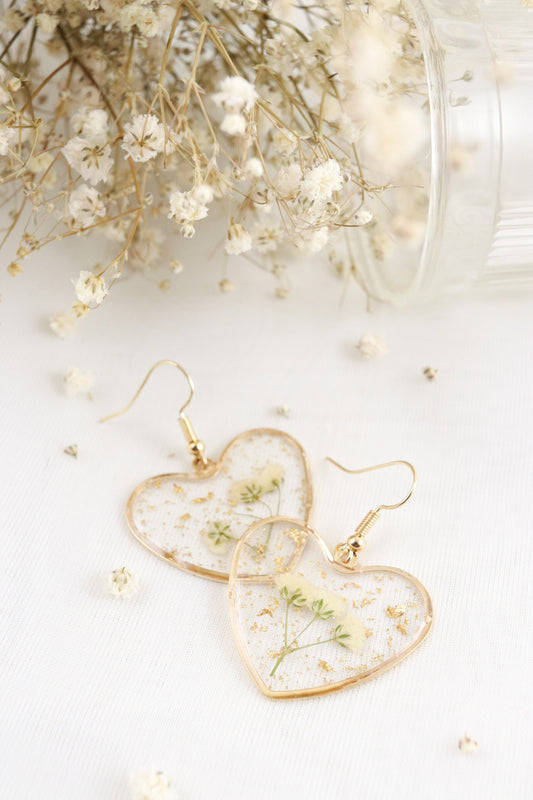 Baby's Breath Wildflower Heart Earrings, Real Pressed Flower Resin Earrings, Botanical Nature Jewelry, Holiday Gift For Her