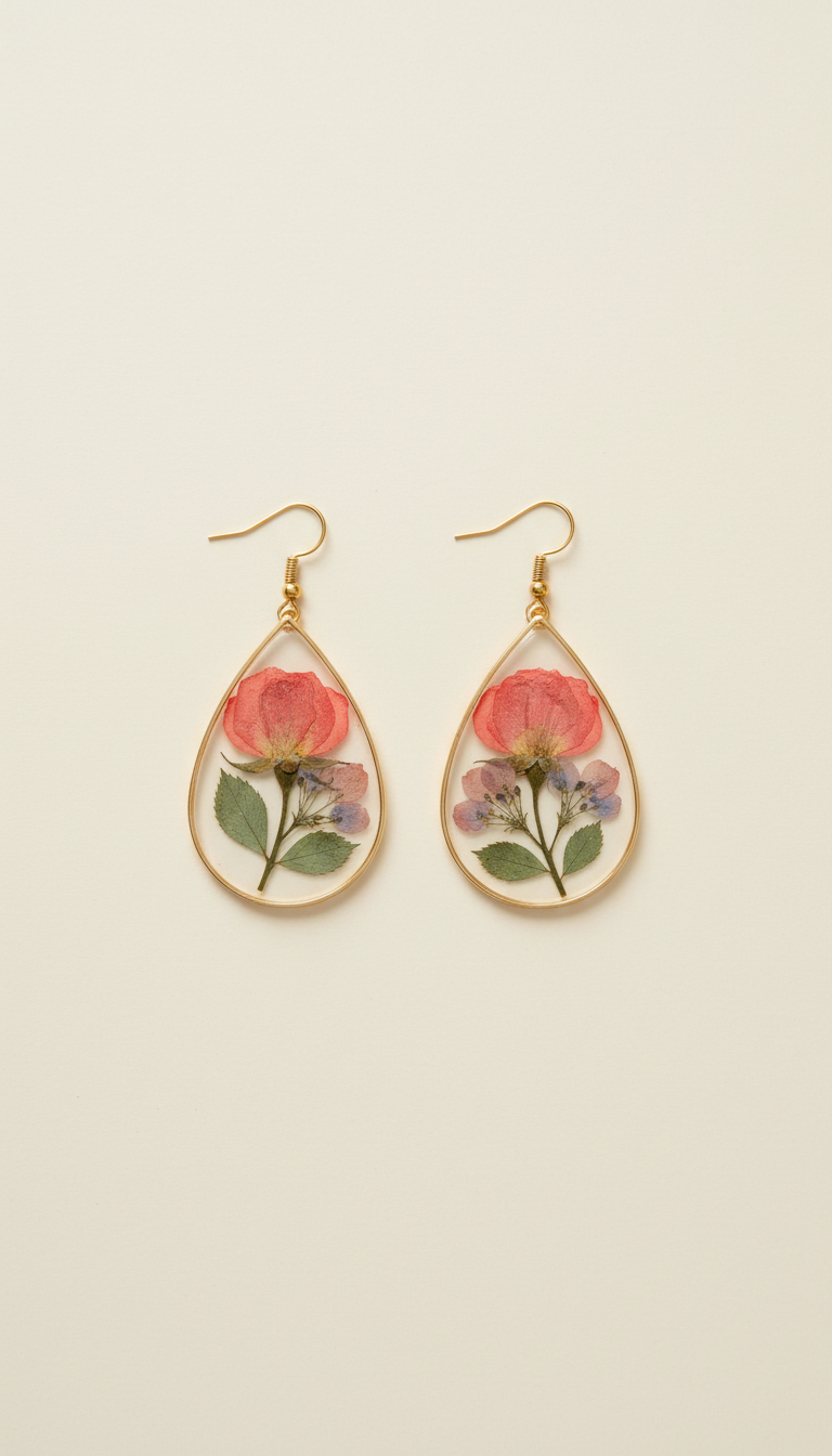 Coral Rose Pressed Flower Earrings