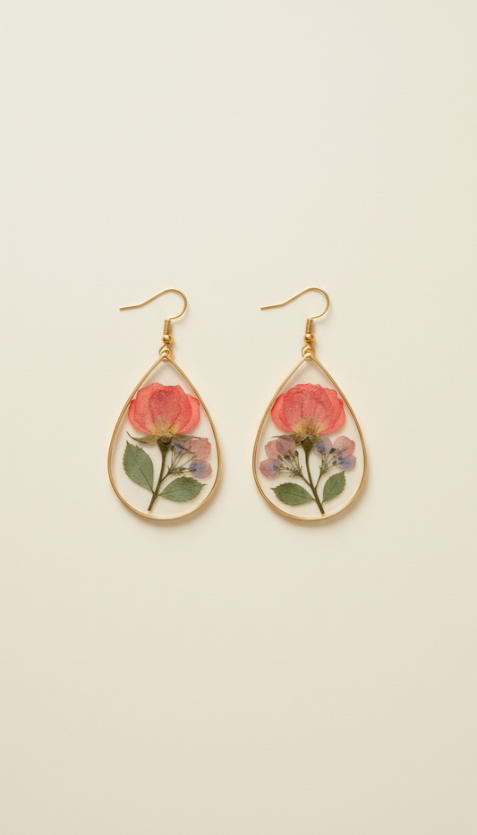 Coral Rose Pressed Flower Earrings