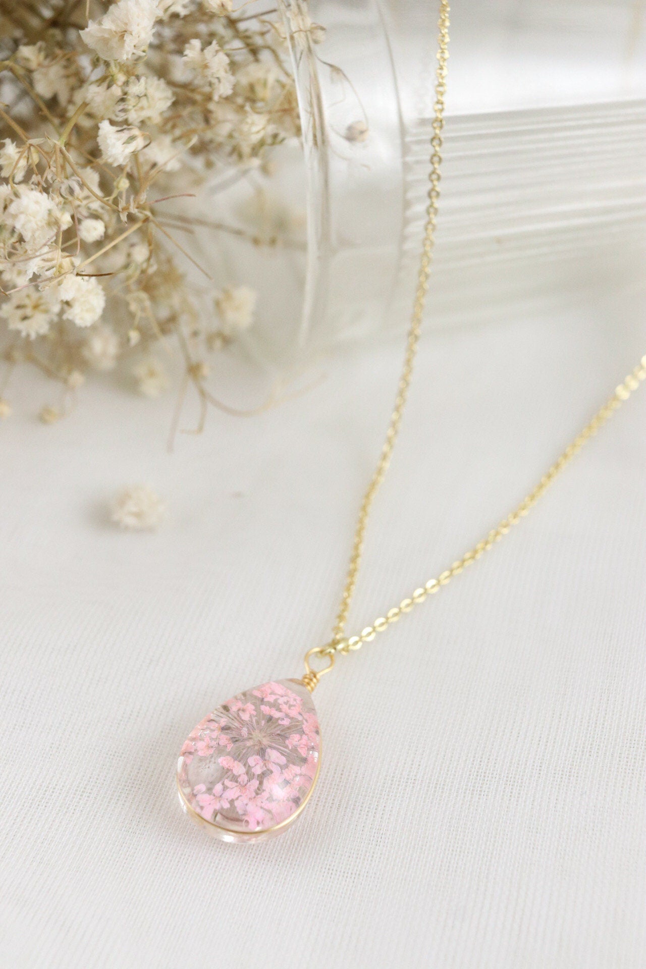 Teardrop Resin Necklace | Real Pink Queen Anne's Lace Flower