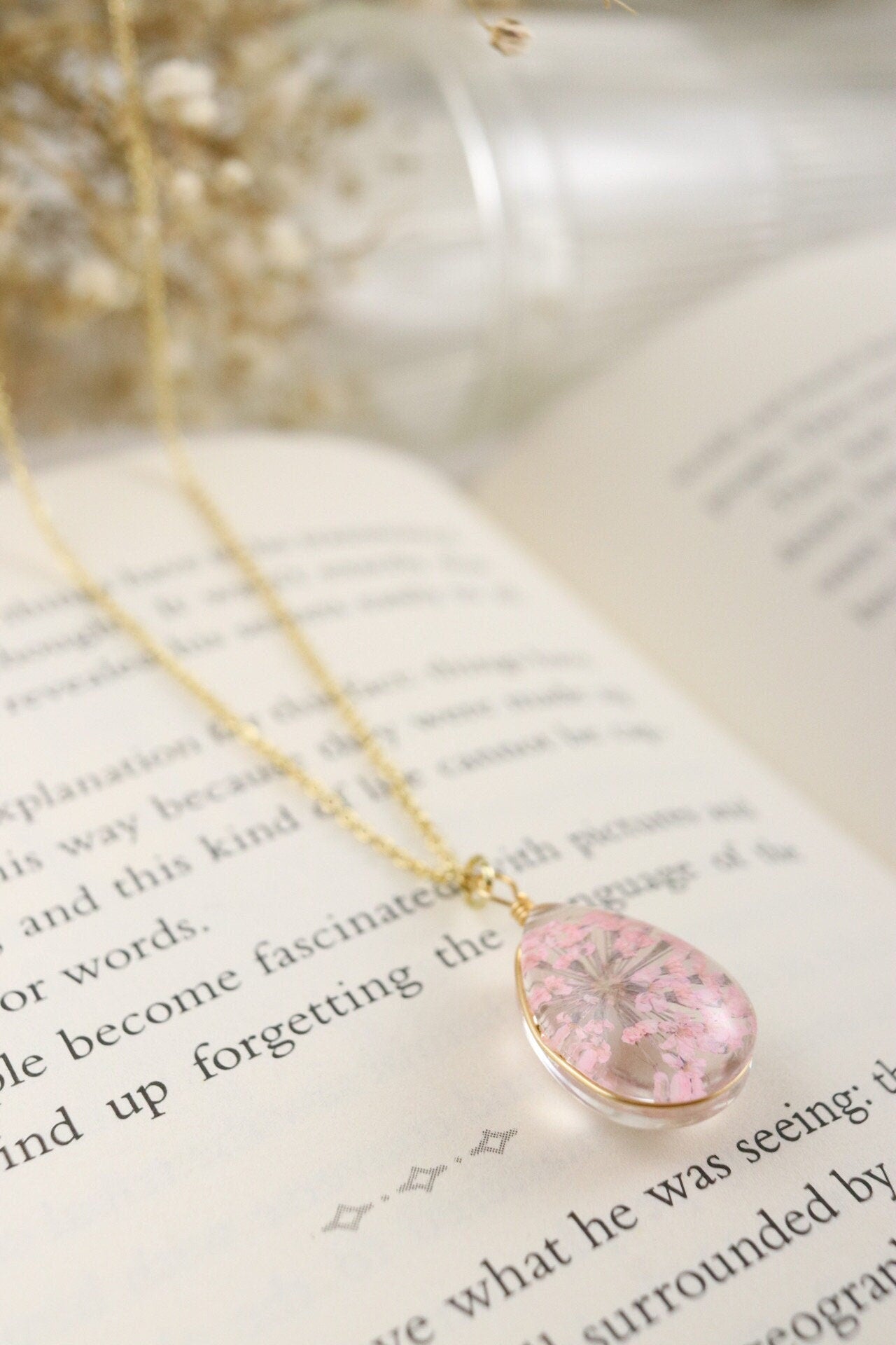 Teardrop Resin Necklace | Real Pink Queen Anne's Lace Flower