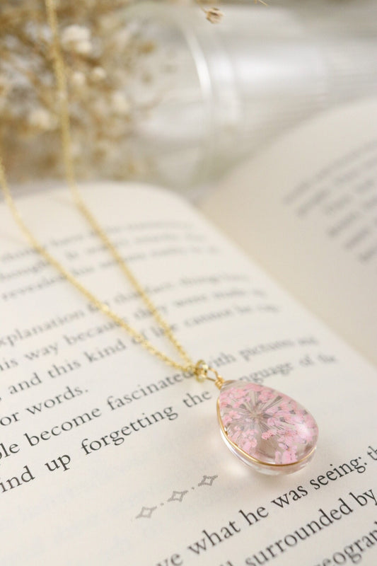 Teardrop Resin Necklace | Real Pink Queen Anne's Lace Flower