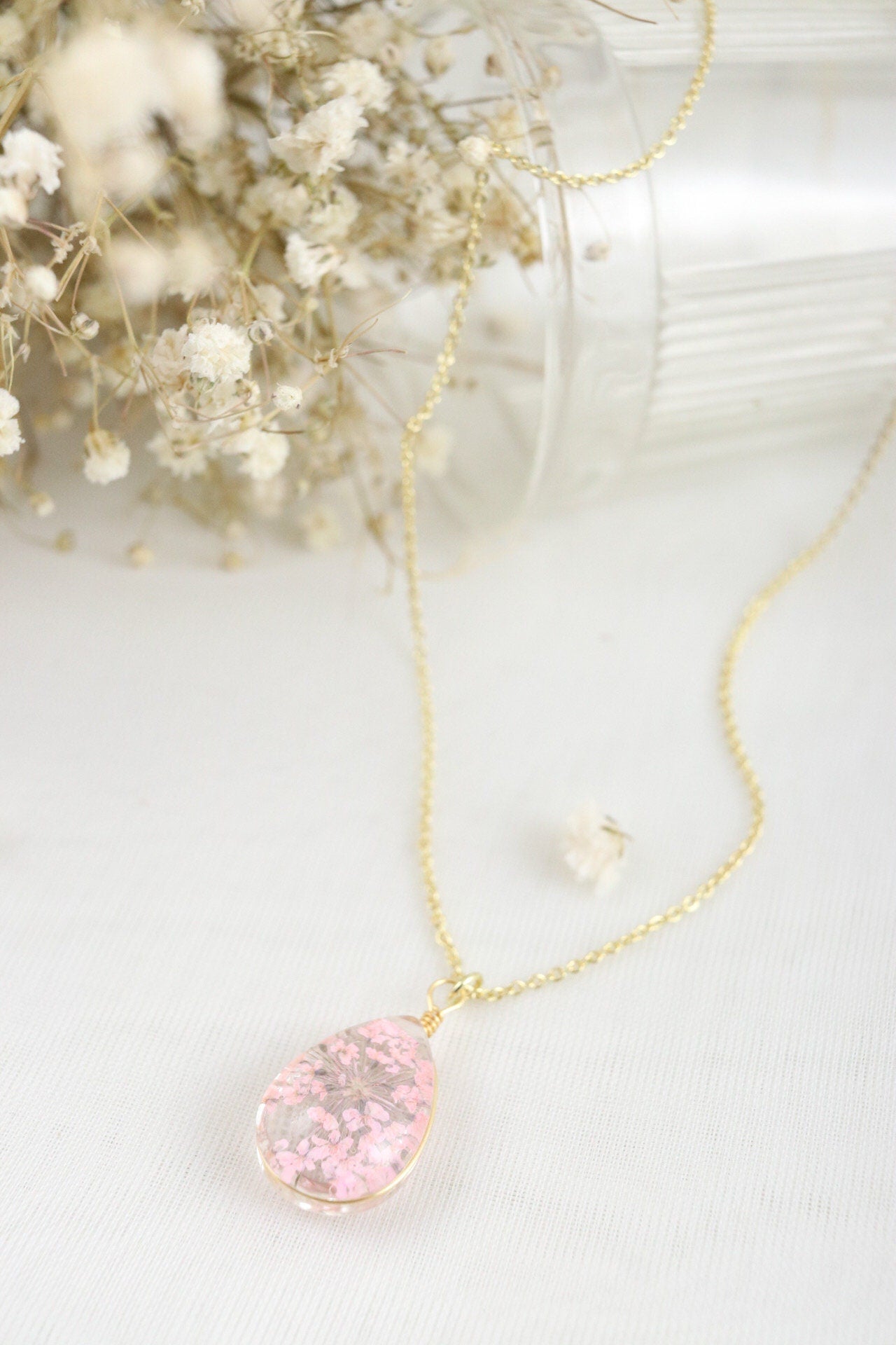 Teardrop Resin Necklace | Real Pink Queen Anne's Lace Flower