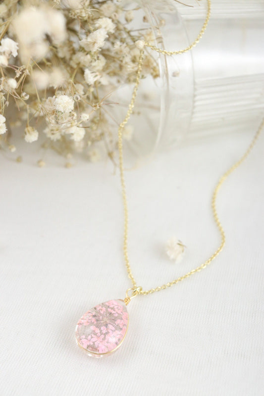 Teardrop Resin Necklace | Real Pink Queen Anne's Lace Flower