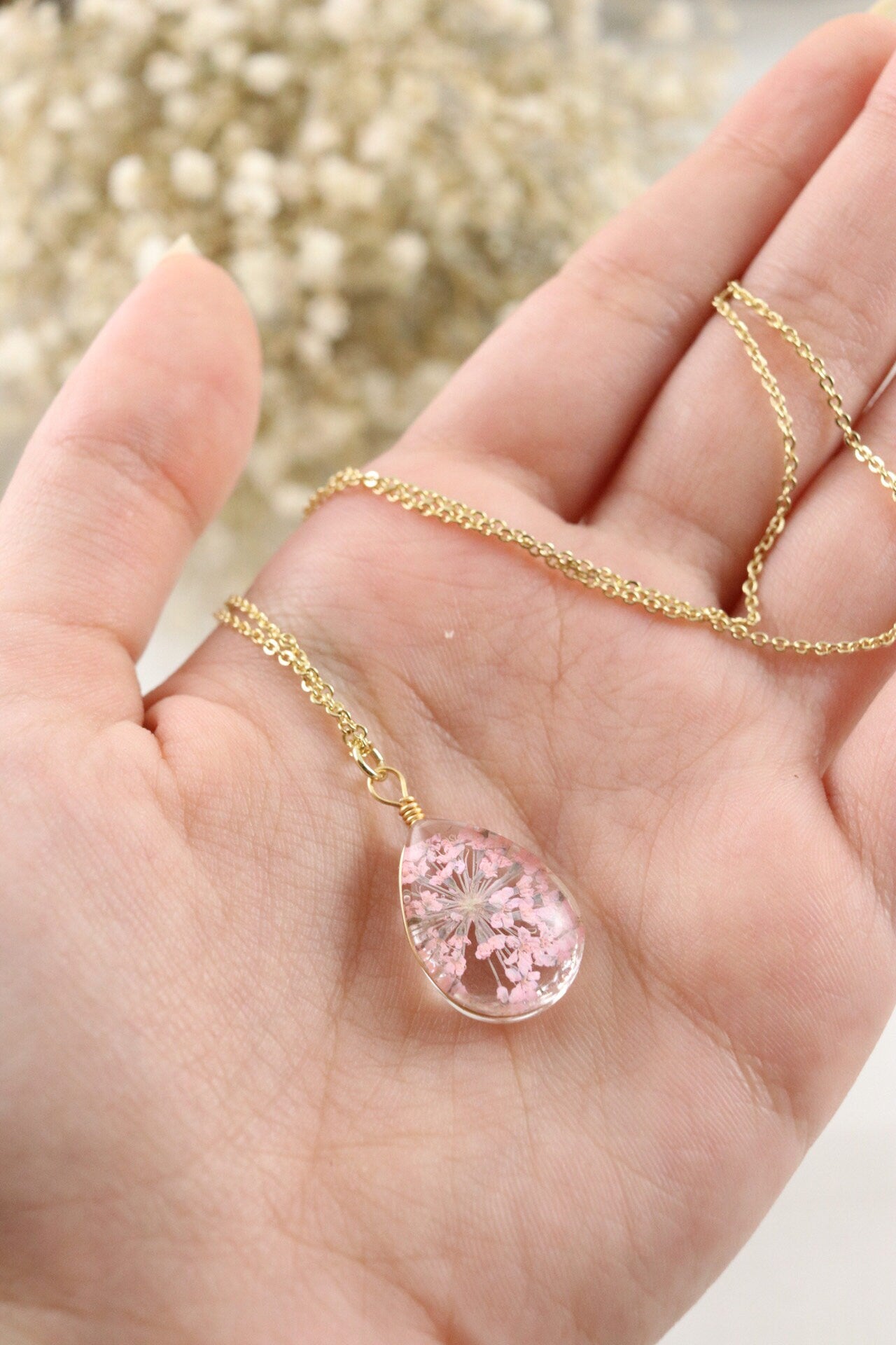 Teardrop Resin Necklace | Real Pink Queen Anne's Lace Flower