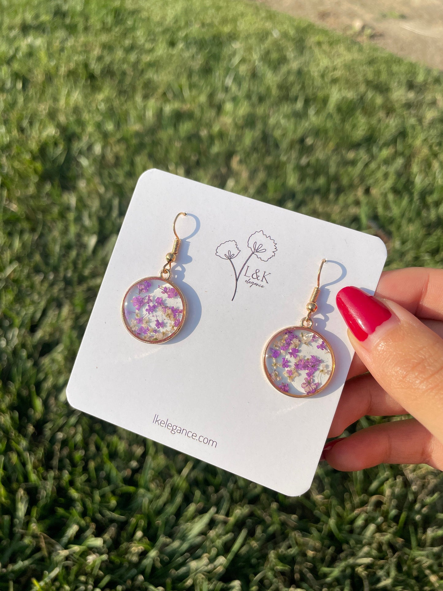 Handmade Gold Round Earrings | Queen Anne's Lace Floral Resin Jewelry